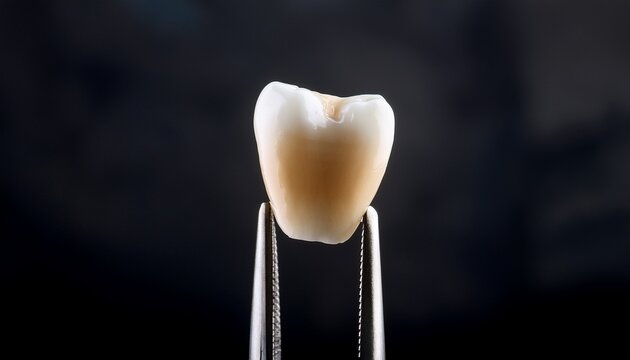dental ceramic crown held with tweezers for restorative dentistry procedure