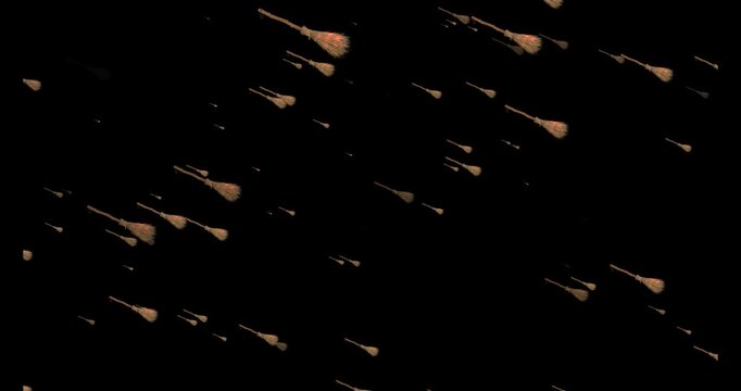 Many small wooden broomsticks floating and moving across a dark black background