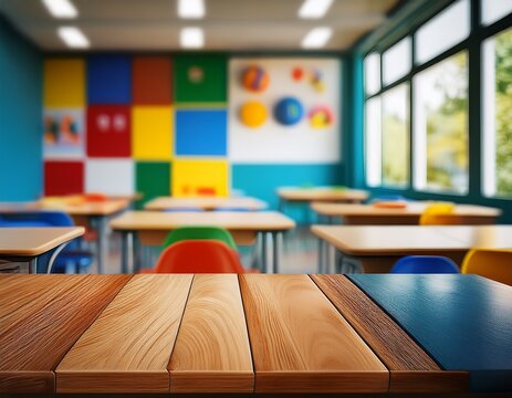 empty wooden table with blurred background of a modern classroom with colorful decor