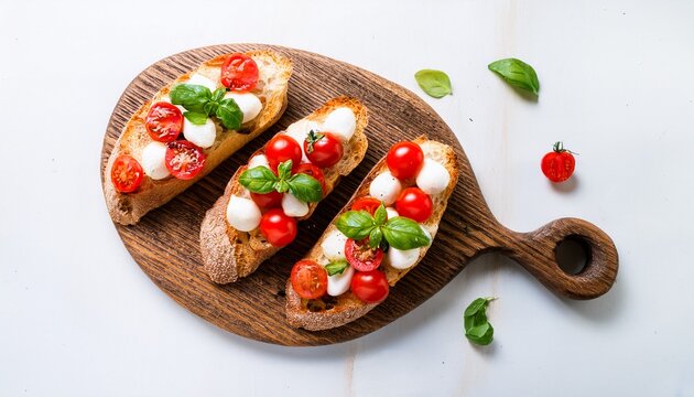 fresh bruschetta with tomatoes mozzarella cheese and basil on a cutting board traditional italian appetizer or snack antipasto top view flat lay ciabatta with cherry tomato
