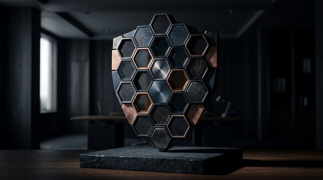 A low-key, moody studio of a shield-shaped sculpture composed of interconnected hexagonal metal tiles in shades of matte black, brushed steel, and copper, resting on a stone base