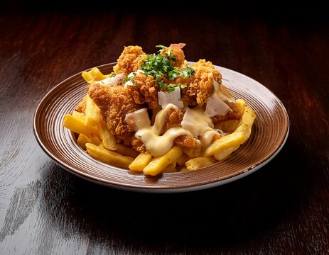 gourmet poutine with crispy chicken cheese