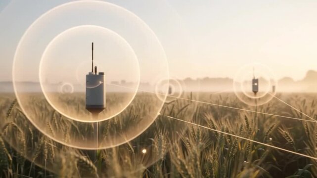 Wireless agritech telemetry probe standing among golden wheat stalks at dawn, emitting soft luminous circular waves to optimize crop health.