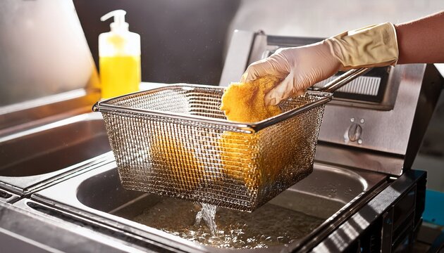 hand cleaning deep fryer in commercial kitchen for hygiene