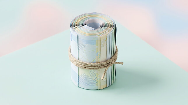 A photorealistic 3D render of a roll of paper or currency tied with a thin brown twine, standing upright on a light mint green surface against a soft pastel gradient background