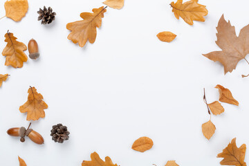 Autumn leaves with pumpkins on color background, top view © Liami
