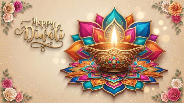Happy Diwali Banner with Ornate Golden Diya on Colorful Lotus Mandala