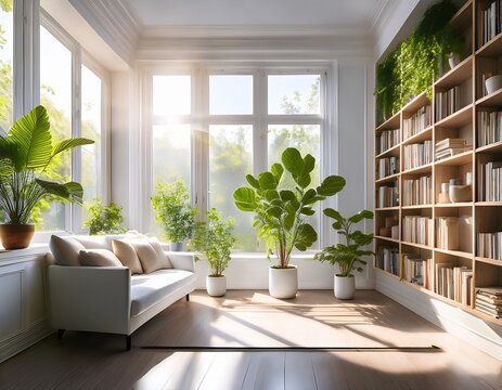 minimalist white bookshelf sunlight cozy elegant home library plants window books zoom virtual backgrounds cozy interior backdrops living room backgrounds for virtual meetings