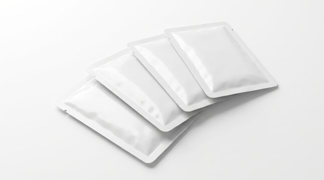 Four blank white foil sachet packets packaging mockups arranged on white background