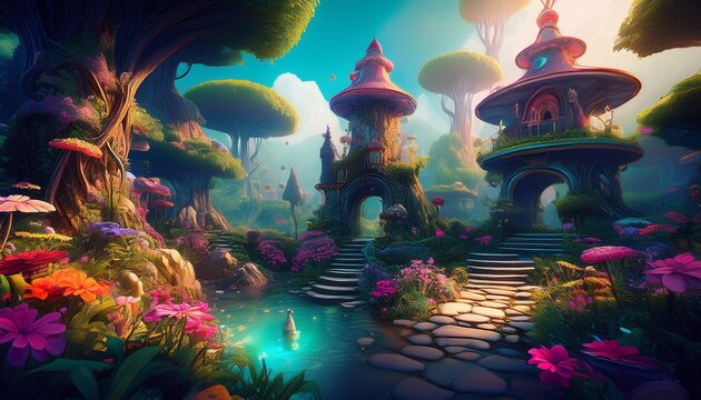 mythical gardens with enchanted structures and mystical creatures