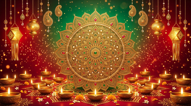 Intricate and vibrant festive scene with glowing diyas and ornate mandala centerpiece for celebration mood