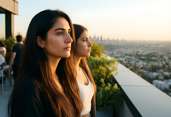 Fototapeta premium Future planning and urban lifestyle, two young women looking at city skyline from rooftop terrace during sunset with thoughtful expressions and ambition