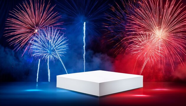 patriotic product display with white podium neon red white blue lights soft smoke subtle fireworks for inauguration and campaign branding