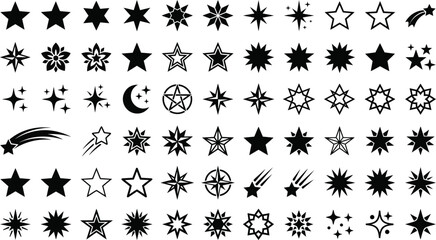 Star icons set, simple black celestial shape vector elements, magic sparkle and comet symbols, graphic design embellishment set © Nimra