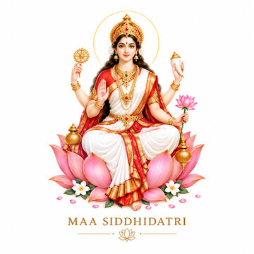 Maa siddhidatri hindu goddess sitting on a lotus flower with divine deity