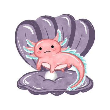 Cute pink axolotl character sitting inside an open purple seashell with a pearl illustration