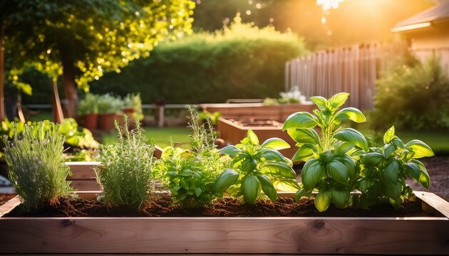 raised garden bed with fresh herbs growing in backyard sunlight