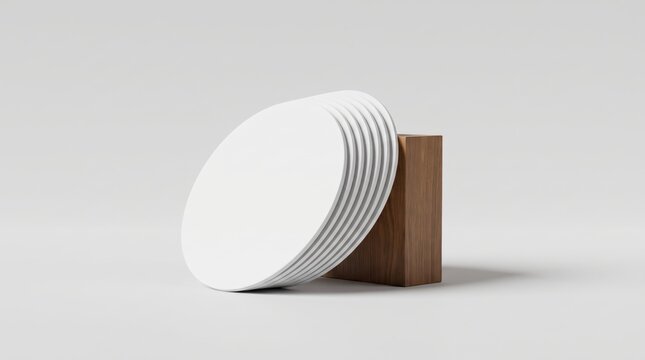 Stack of blank white round coasters leaning on wooden block mockup on white background