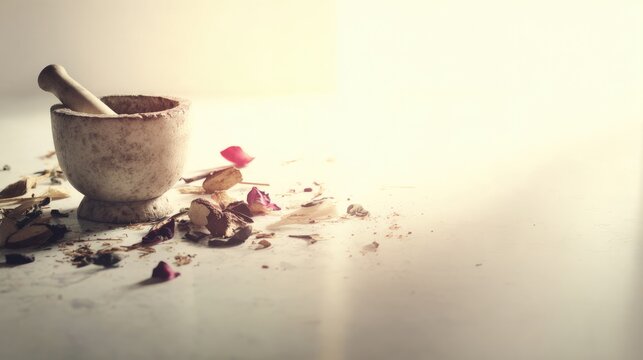 Stone mortar and pestle with dried mandrake roots and petals, herbal apothecary still life