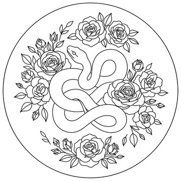 Hand embroidery pattern of an elegant snake forming an S shape framed by a circular botanical wreath of roses, lilies, and thorns.