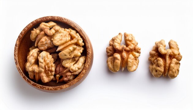 shelled walnut kernels in descending size order organic raw walnut halves healthy vegan protein snack ingredients isolated with white background