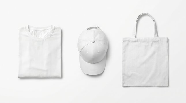 Top view blank white folded t-shirt, baseball cap and canvas tote bag apparel mockup
