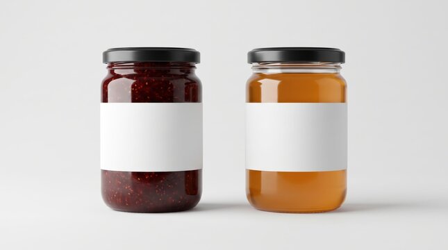 Two glass jars of jam and honey with blank white label mockups on white background