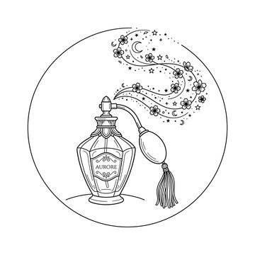 Hand embroidery pattern of a vintage perfume atomizer bottle releasing a magical swiriing plume of stars, moons, and flowers.