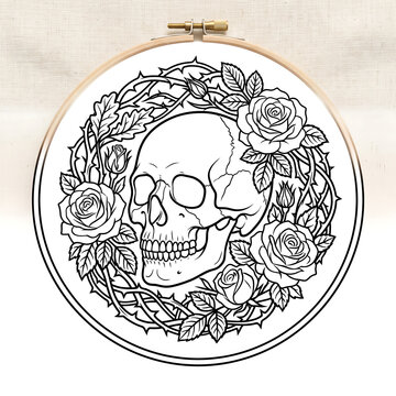 Hand embroidery design of a detailed human skull centered inside a circular frame made of thorny rose branches and buds.
