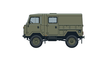Obraz premium Illustration of a green military transport vehicle in profile.