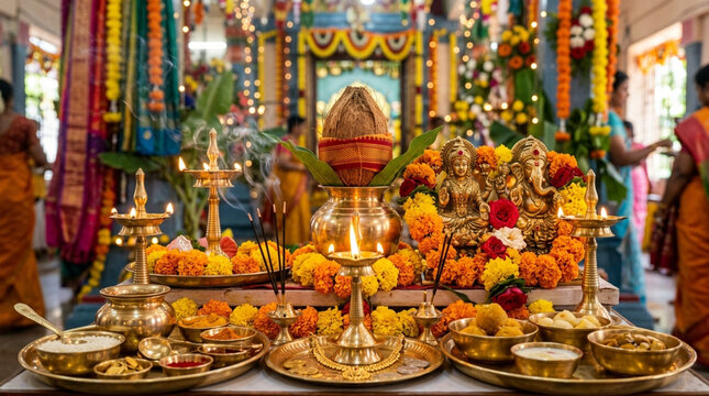 Vibrant Hindu religious ceremony setup with offerings, deities, and colorful decorations capturing spiritual tradition