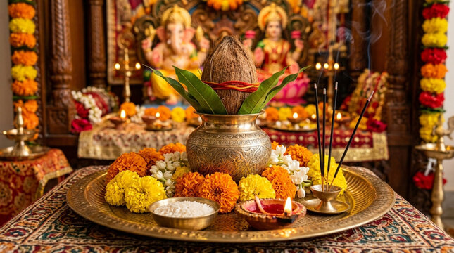 Vibrant Pooja Altar Featuring Fresh Flowers Incense and Traditional Ritual Items in a Spiritual Setting