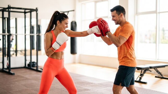 Young woman boxing during workout in gym with male trainer  