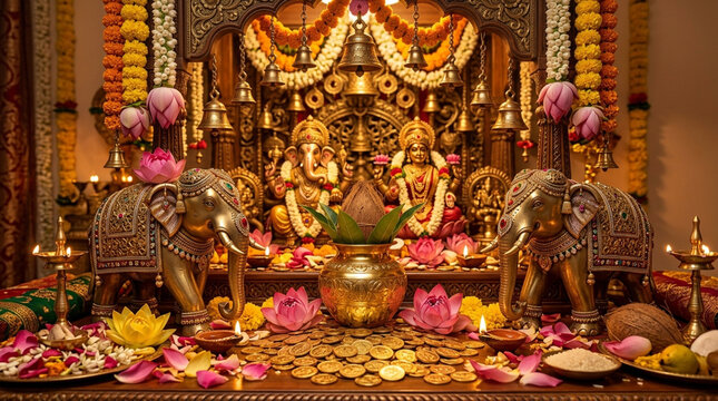 Vibrant Hindu temple altar with deities, ornate decorations, and floral arrangements celebrating divine reverence and