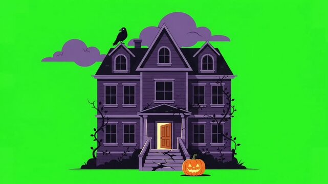 Spooky Gothic Haunted House with Pumpkins and Crows, Halloween Night Mansion Vector on Green Screen