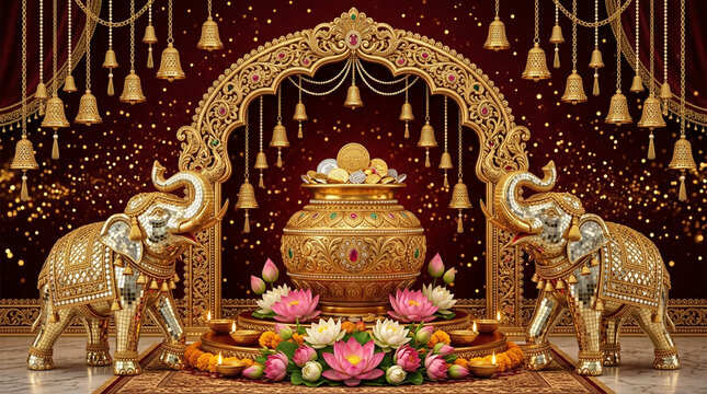Elegant and opulent religious altar display featuring intricate golden elephants and a central vessel surrounded by blooming