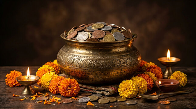 Traditional Indian ritual brass pot filled with coins surrounded by marigold flowers and oil lamps for auspicious ceremonies