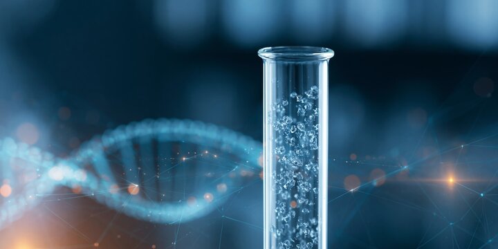 DNA strand with test tube in laboratory