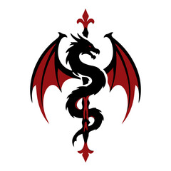 Winged gothic dragon twined around a sword with a red fleur de lis, black and red vector icon for heraldic emblem, fantasy beast, tattoo and sticker designs. © Marcelino