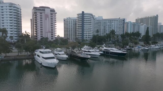 Aerial view of luxury yachts docked at a marina in Miami Beach, Florida, United States.