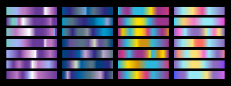 Holographic textures featuring iridescent rainbow swatches. Shiny metallic backgrounds with bronze, platinum, copper accents. Vibrant chrome effects and pastel palettes.