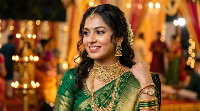 Elegance and tradition merge in a stunning green saree adorned with intricate jewelry at a festive celebration highlighting