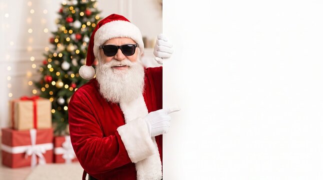 Smiling Santa Claus pointing toward blank advertising banner, promotional seasonal background, spacious copy area
