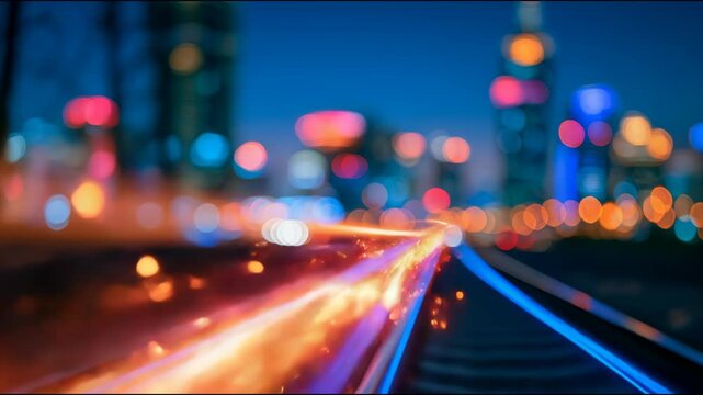 Industrial refinery and processing towers at twilight with glowing blue and orange light trails, illustrating energy, petroleum and modern infrastructure