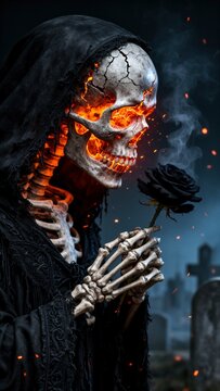 esqueleto, calavera, esqueleto humano, cr&aacute;neo, calavera ardiente, fuego, lava, energ&iacute;a infernal, rosa negra, rosa oscura, rosa g&oacute;tica, muerte, muerte rom&aacute;ntica, segador, grim reaper, espectro, fantasm
