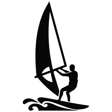 Windsurfer riding ocean waves with windsurf board vector silhouette illustration graphic.