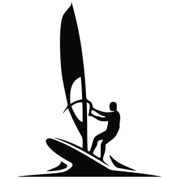 Windsurfer sailing on surfboard silhouette vector graphic clip art over simple waves.