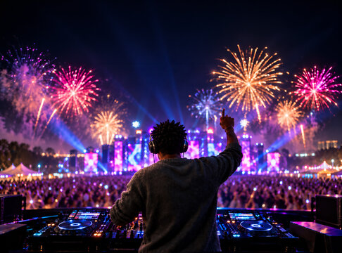 DJ celebrating with a crowd and fireworks at a New Year festival