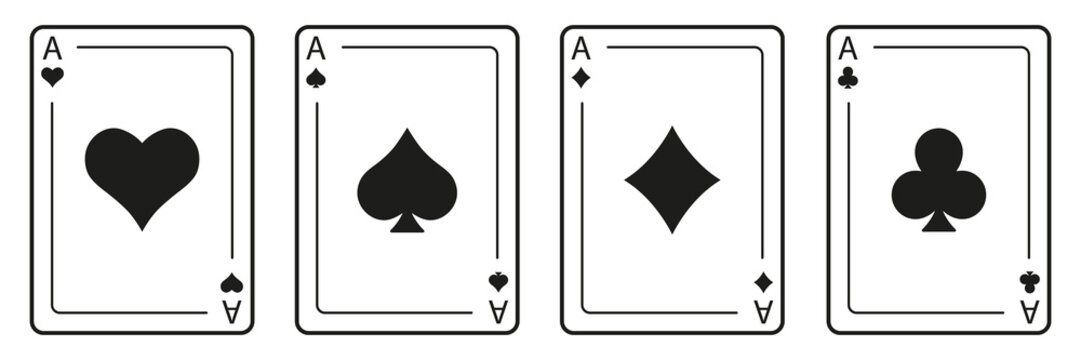 Playing cards set showing ace through jack in casino deck format. Poker suits include spades, hearts, diamonds and clubs with ornamental back patterns. Vector illustration isolated on white.