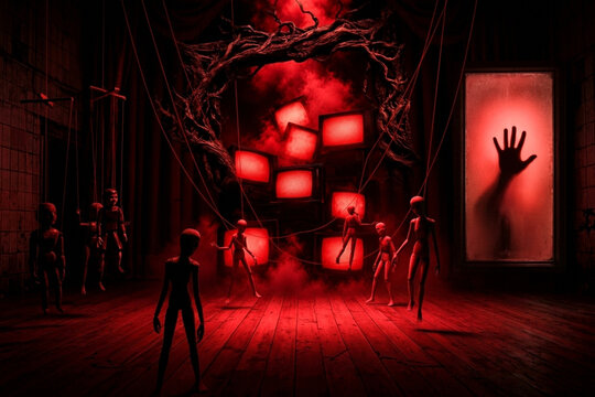 Eerie Stage with Red Glowing Screens and Marionettes in Dark Room